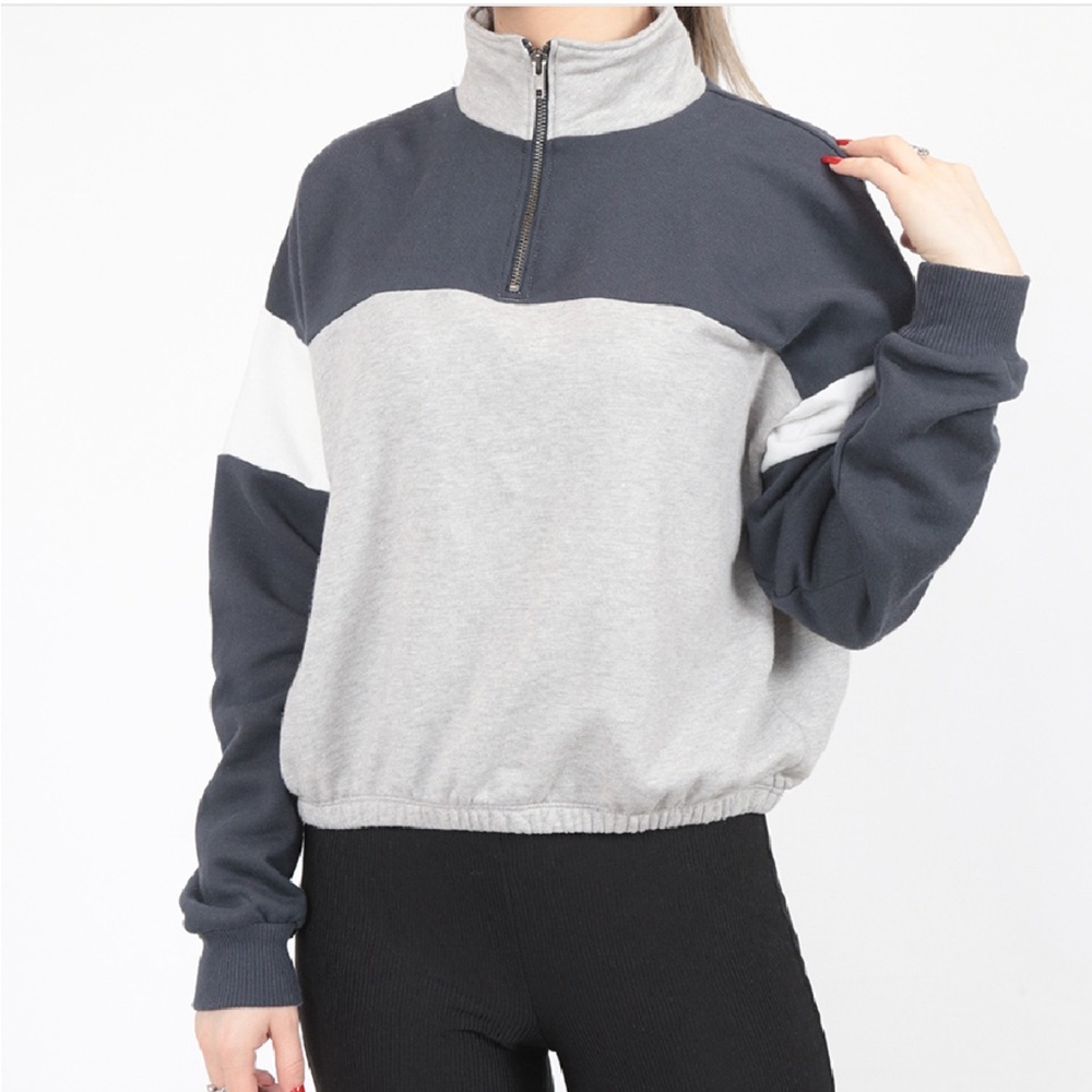 American Eagle Outfitters Colorblock Quarter-Zip Pullover - Gray, Navy, White